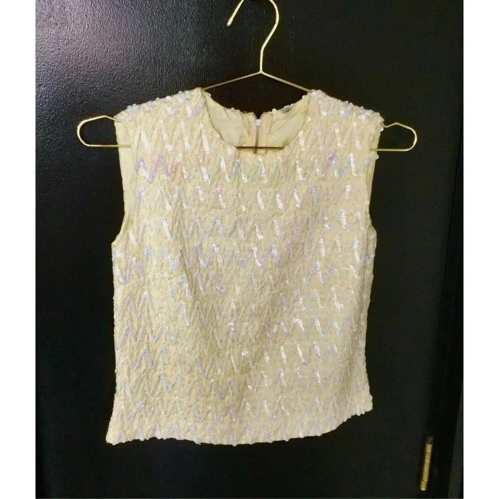 Vintage Womens Ivory Cream Colorful Beaded Sequins Sleeveless Blouse Size‎ Small